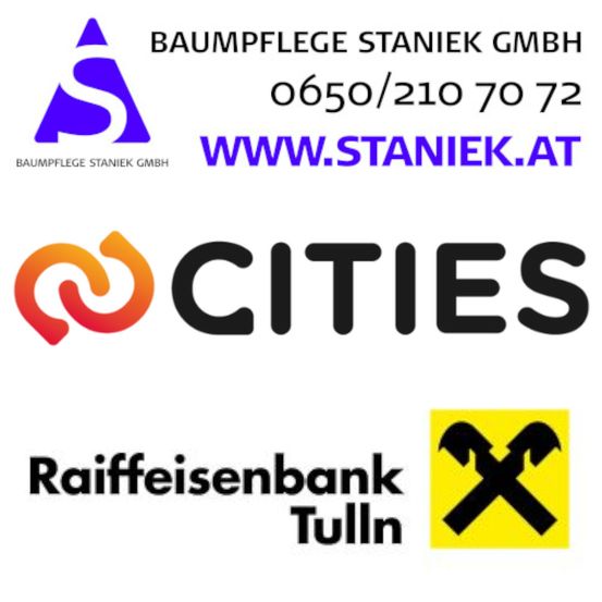 Ein Werbebild mit Logos für Baumpflege Staniek GmbH, Cities und Raiffeisenbank Tulln. Das Logo von Baumpflege Staniek GmbH enthält eine Telefonnummer und eine Website. Das Cities-Logo ist in Orange und Schwarz. Das Raiffeisenbank Tulln-Logo zeigt ein gelbes und schwarzes Symbol mit gekreuzten Hämmern.