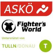 Ein Werbebild mit dem ASKO-Logo, einer Personenikone und dem Fighter's World-Logo. Es steht 'Unterstützt von Tulln/Donau' mit einem grünen Kreis, der ein T enthält.