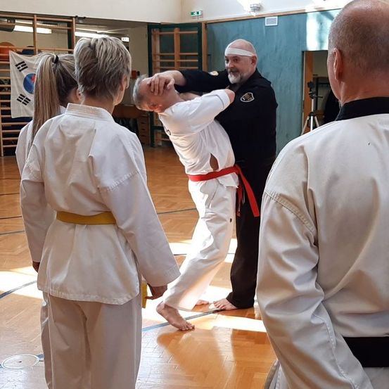 Ein Kampfsportlehrer demonstriert eine Technik an einem Schüler, während andere in einer Turnhalle zuschauen.