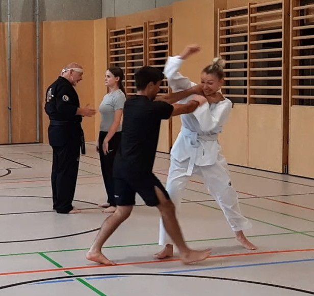 In einer Sporthalle demonstriert ein Kampfsportlehrer einem Schüler in einem schwarzen T-Shirt eine Technik, während ein anderer Schüler in Weiß zusieht.