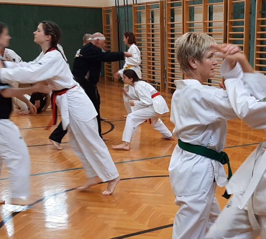 Eine Gruppe von Menschen praktiziert Karate in einer Sporthalle. Eine Frau in einer weißen Karate-Uniform führt, während andere ihre Bewegungen nachahmen.