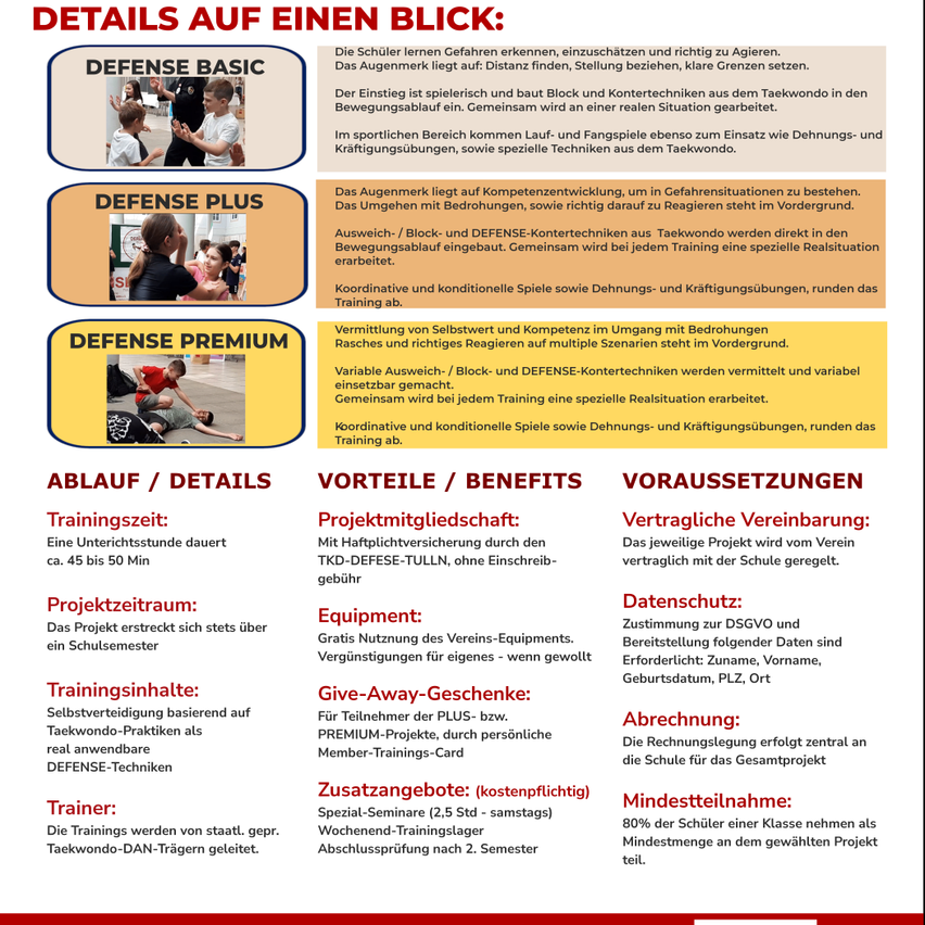 Ein Flyer, der drei Stufen eines Taekwondo-Programms für Schüler beschreibt, einschließlich der Optionen Basic, Plus und Premium. Jede Stufe beschreibt die gelehrten Fähigkeiten, Vorteile und Voraussetzungen. Der Flyer enthält auch Informationen zur Trainingsdauer, Ausrüstung und zusätzlichen Kosten.