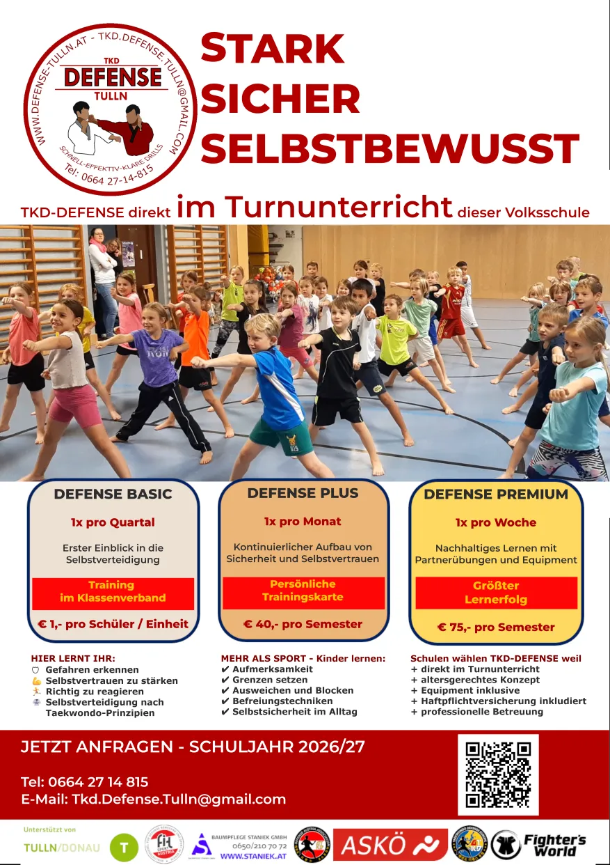 Plakat zeigt Kinder beim Üben von Kampfsportarten mit verschiedenen Trainingsoptionen und aufgeführten Vorteilen. Der obere Bereich enthält ein Logo und Kontaktinformationen.