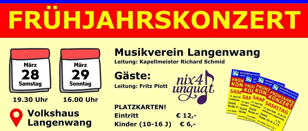 Plakat für das Jahreskonzert des Musikvereins Langen am 29. März. Dirigenten sind Richard Schmid und Fritz Plott. Kartenvorverkauf in der Andreas-Apotheke. Eintritt: 12€, Kinder (10-16): 6€.