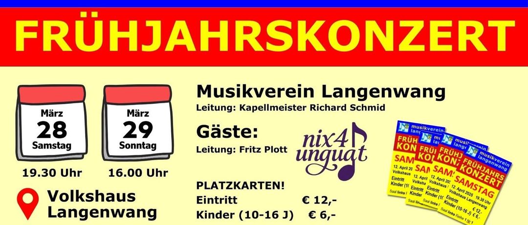 Ein Plakat für das Musikverein Langen Musikevent. Es findet am 29. März, Sonntag, um 18:00 Uhr statt. Der Eintritt kostet 12 Euro, und Kinder im Alter von 10-16 Jahren zahlen 6 Euro. Tickets sind in der Andreas-Apotheke erhältlich.