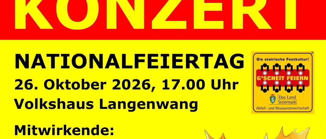 Ein Plakat für ein Herbst Konzert Event von Musikverein Langenwang am 26. Oktober 2026 um 17:00 im Volkshaus Langenwang.