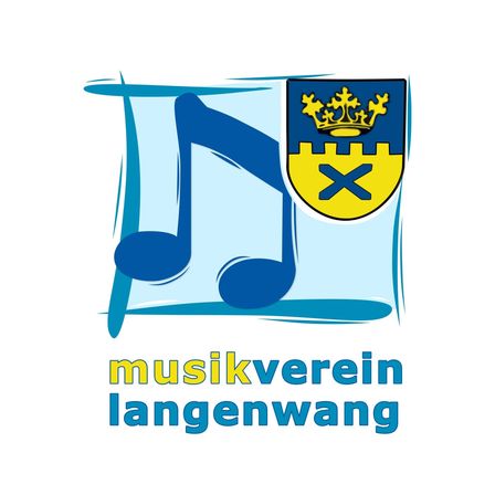 Logo des Musikverein Langenwang mit einem blauen Musiknotenschlüssel und einem Wappen mit Krone und dem Buchstaben X in Gelb.