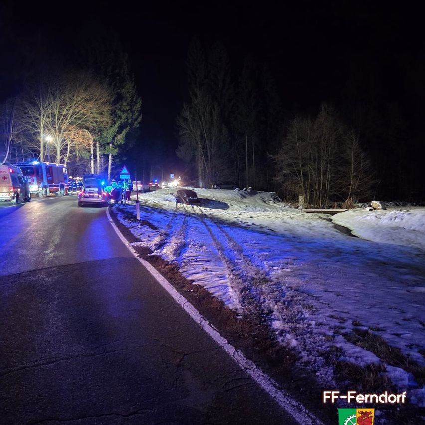 In der Nacht befinden sich Rettungsfahrzeuge mit blinkenden Lichtern am Rande einer verschneiten Straße. Bäume umgeben das Gebiet, und ein Wasserzeichen ist unten rechts sichtbar.