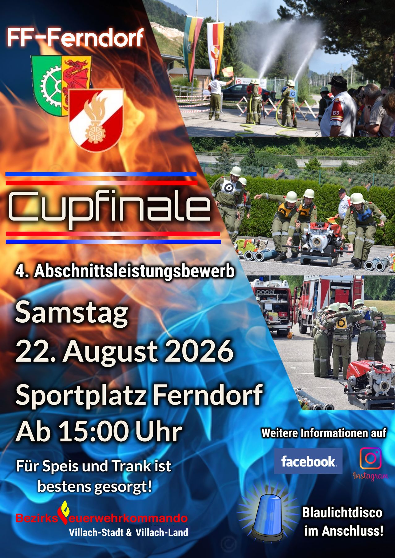 Plakat für den 4. Abschnittsleistungswettbewerb mit Feuerwehrleuten in Aktion, geplant für Samstag, 22. August 2026, auf dem Sportplatz Ferndorf ab 15:00 Uhr.