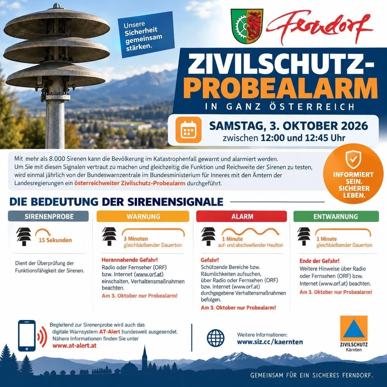 Plakat für einen Zivilschutz-Probealarm in Österreich am 3. Oktober 2026, mit einer Sirene und einer Berglandschaft.