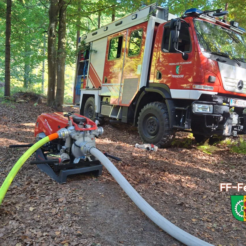 Ein roter Feuerwehrwagen steht in einem Wald mit einer angeschlossenen Schlauchpumpe.