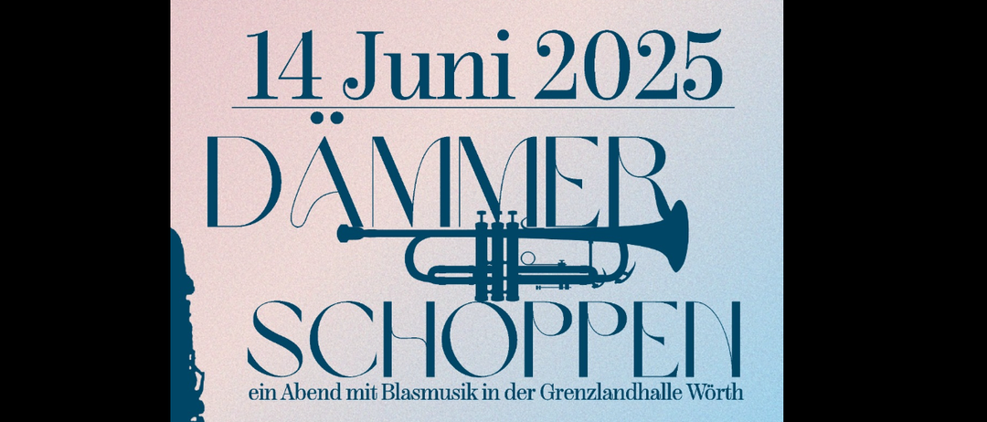 Ein Plakat für die Veranstaltung 'Dämmerschoppen' am 14. Juni 2025. Es zeigt eine Trompete und ein Saxophon auf blauem Hintergrund mit Musikdetails und Informationen zum freien Eintritt.