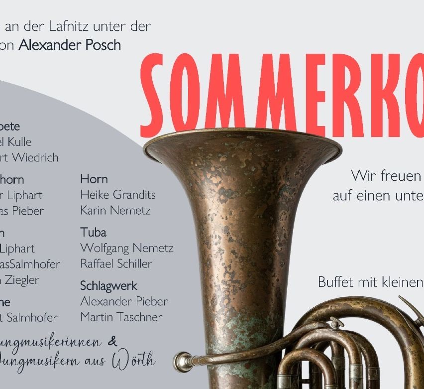 A poster for the Sommerkonzerte features an antique brass instrument. Names of musicians are listed, including Wolfgang Nemetz, Heike Grandits, and Martin Taschner. The text is in red.