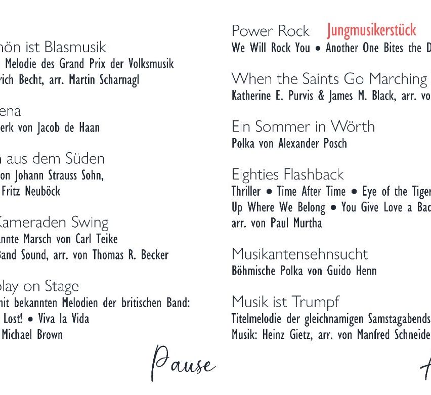 A document with musical scores and lyrics, including 'Power Rock', 'We Will Rock You', and 'Viva la Vida'. Features composers like Carl Teike and Johann Strauss Sohn. Arrangements by Martin Scharnagl and others.