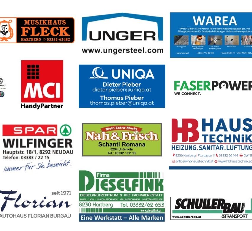 A collage of logos including Fleck Musikhaus, Unger, MCI, Spar, Wilfinger, FaserPower, HB, Firma Dieselfink, Florian, and Schuller Bau. Contact details and websites are provided.