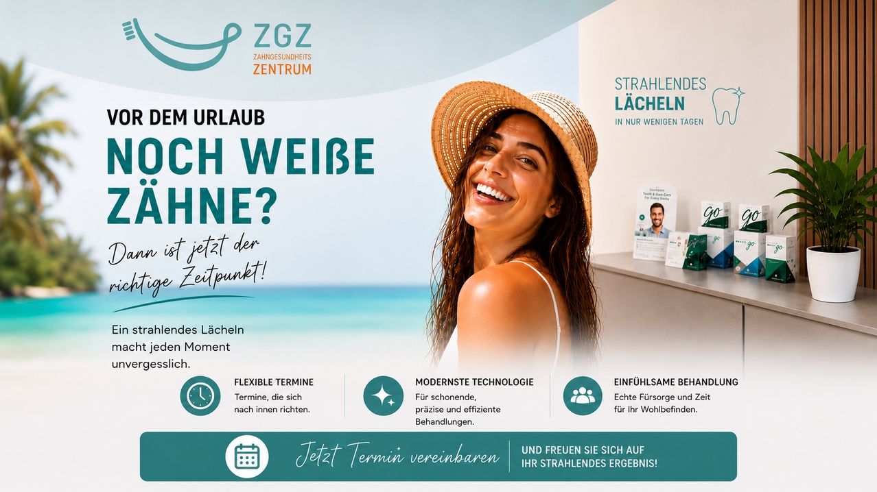 A smiling woman in a sun hat and white tank top, advertising a dental clinic with flexible appointments, modern technology, and a welcoming atmosphere.