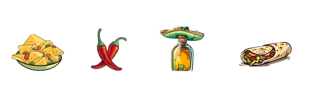 Illustrationen einer Schüssel Nachos, zwei Chilischoten, einer Ölflasche und einem Burrito.