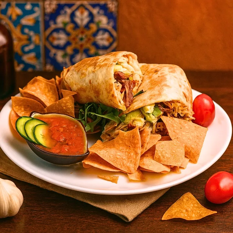 Ein Teller mit einem Burrito, Tortilla-Chips, Gurkenscheiben, Salsa und Tomaten auf einem Holztisch.