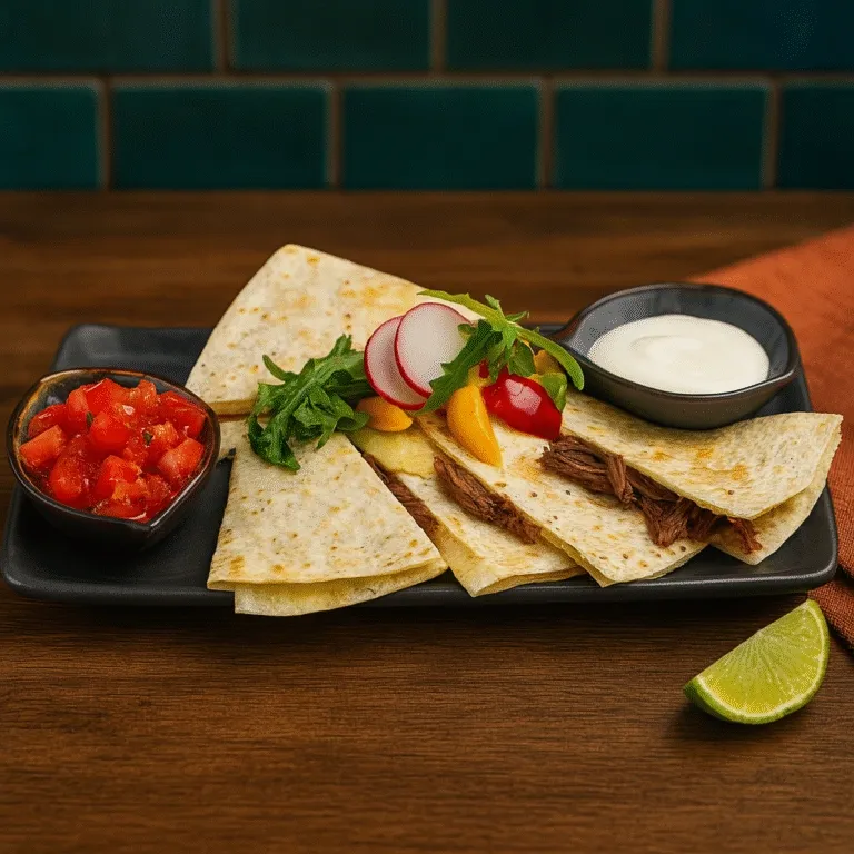 Ein schwarzer Teller mit Rindertacos, roter Salsa, Radieschen und einer Limettenscheibe auf einem Holztisch.