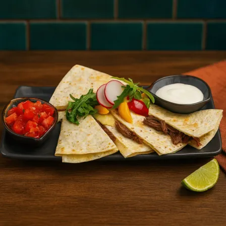 Ein schwarzer Teller mit Rindertacos, roter Salsa, Radieschen und einer Limettenscheibe auf einem Holztisch.