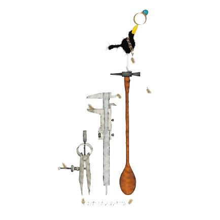 Illustration eines Hammers, eines Messbandes, eines Holzlöffels und eines Kompasses. Ein Vogel sitzt auf dem Hammer.