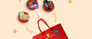 Ein roter Einkaufsbeutel mit Griff auf hellem Hintergrund. Um den Beutel herum befinden sich vier Artikel: eine Schokoladentafel, ein Deodorant, ein Buch und ein Produkt mit Logo. Pfeile zeigen von den Artikeln zum Beutel und deuten an, dass sie hinzugefügt werden.