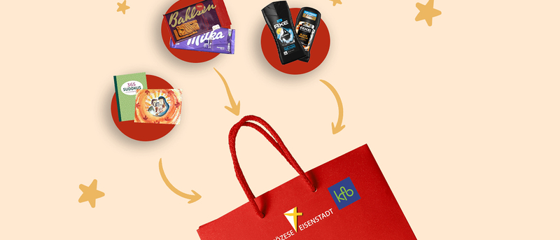 Ein roter Einkaufsbeutel mit Griff auf hellem Hintergrund. Um den Beutel herum befinden sich vier Artikel: eine Schokoladentafel, ein Deodorant, ein Buch und ein Produkt mit Logo. Pfeile zeigen von den Artikeln zum Beutel und deuten an, dass sie hinzugefügt werden.