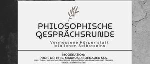 Poster für eine philosophische Gesprächsrunde. Der Titel lautet 'Philosophische Gesprächsrunde'. Darunter ist ein Mann mit Brille abgebildet, neben einem Bild eines Waldweges. Es gibt auch zwei Bilder von Menschen, die in einem Klassenzimmer sitzen.