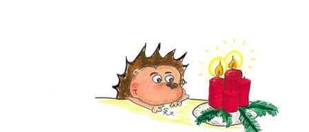 Eine handgezeichnete Illustration eines Igels, der sich mit drei brennenden roten Kerzen auf einem Untersetzer mit Tannennadeln auf einem Tisch stützt.