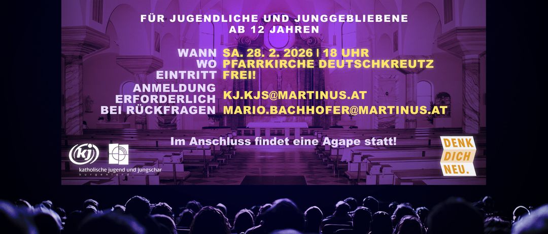 Ein Plakat bewirbt eine Kirche+Kino-Veranstaltung für Jugendliche und jugendliche Liebhaber, geplant für Samstag, 28. Februar 2026 um 18 Uhr. Der Eintritt ist frei.