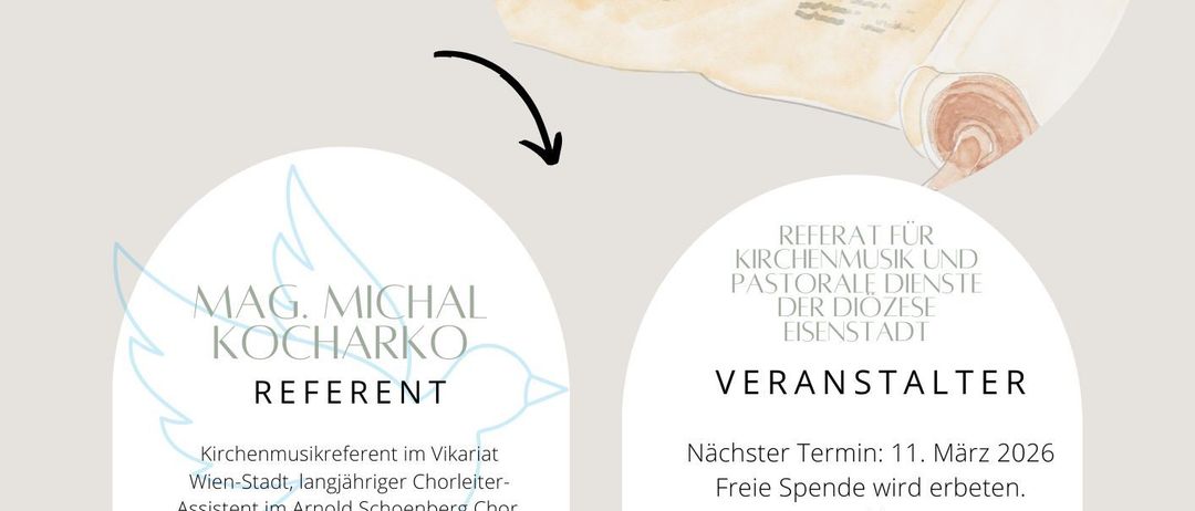 Einladung zur Veranstaltung 'Psalmengesang' mit einer Schriftrolle und Psalmtext. Details zur Veranstaltung, einschließlich Ort und Datum. Geplant für den 4. März 2026 von 19 bis 20:30 Uhr im Haus der Begegnung in Eisenstadt. Kontaktinformationen und eine Website für weitere Details.
