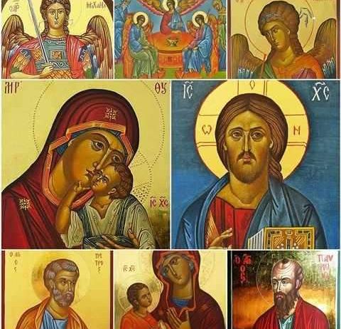Eine Sammlung christlicher Ikonen, die verschiedene Figuren darstellen, darunter ein Engel, Jesus, Maria und Heilige, mit einer Mischung aus Farben und Symbolen, wahrscheinlich aus der orthodoxen Tradition.