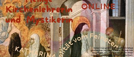 Ein Plakat für eine Veranstaltung zeigt zwei Nonnen, eine mit dem Namen St. Katharina, und beschreibt ihre spirituelle Reise. Die Veranstaltung trägt den Titel 'Spiritualität von Ostern.' Das Plakat enthält Informationen über Datum, Uhrzeit und Kontakt-E-Mail der Veranstaltung.
