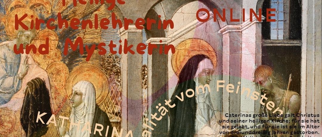 Ein Plakat für eine Veranstaltung zeigt zwei Nonnen, eine mit dem Namen St. Katharina, und beschreibt ihre spirituelle Reise. Die Veranstaltung trägt den Titel 'Spiritualität von Ostern.' Das Plakat enthält Informationen über Datum, Uhrzeit und Kontakt-E-Mail der Veranstaltung.