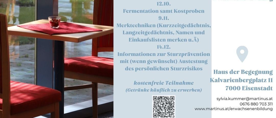 Die Cafeteria im Haus der Begegnung ist an den Mittagszeiten geöffnet. Für eine geruhsame Auszeit beim Plausch(er)l oder Schach/Karten/Brettspielen. Für Interessenten im Nebenraum. Zusatzangebote für 14.9, 12.10, 9.11, 14.12.