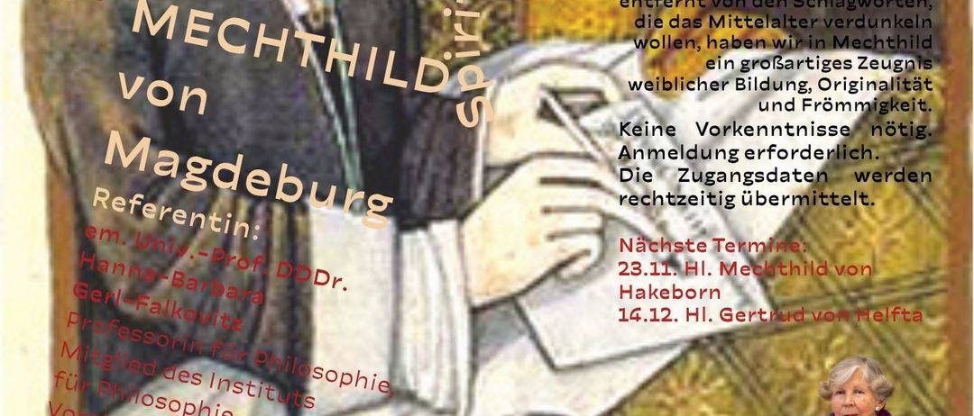 Ein Veranstaltungsplakat für Mecththild von Magdeburg. Eine Frau hält eine Vorlesung vor einem Gemälde. Die Veranstaltung findet am 19. Oktober 2026 um 19:20:30 Uhr statt.