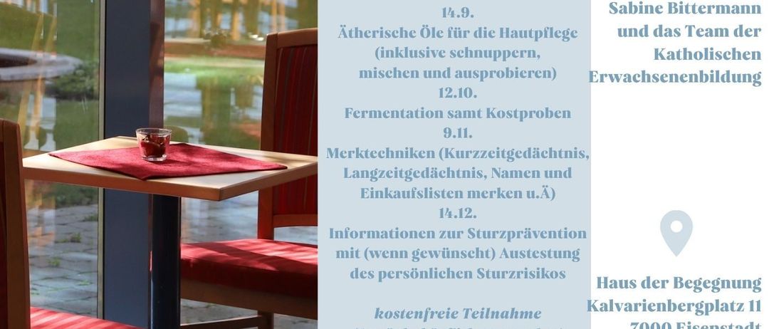 Die Cafeteria im Haus der Begegnung ist an den Nachtmittagen des Clubs geöffnet. Veranstaltungen umfassen Ätherische Öle für den Hauptgang, Fermentation ohne Kostenproben und Langzeitgedächtnisspiele. Für weitere Informationen kontaktieren Sie Sabine Bittermann.
