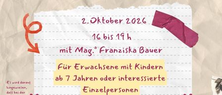 Plakat für einen Lyrik-Workshop am 2. Oktober 2026 von 16 bis 19 Uhr mit Franziska Bauer. Für Erwachsene mit Kindern ab 7 Jahren oder interessierte Einzelpersonen. Mitbringen: Schreibpapier und Stift.