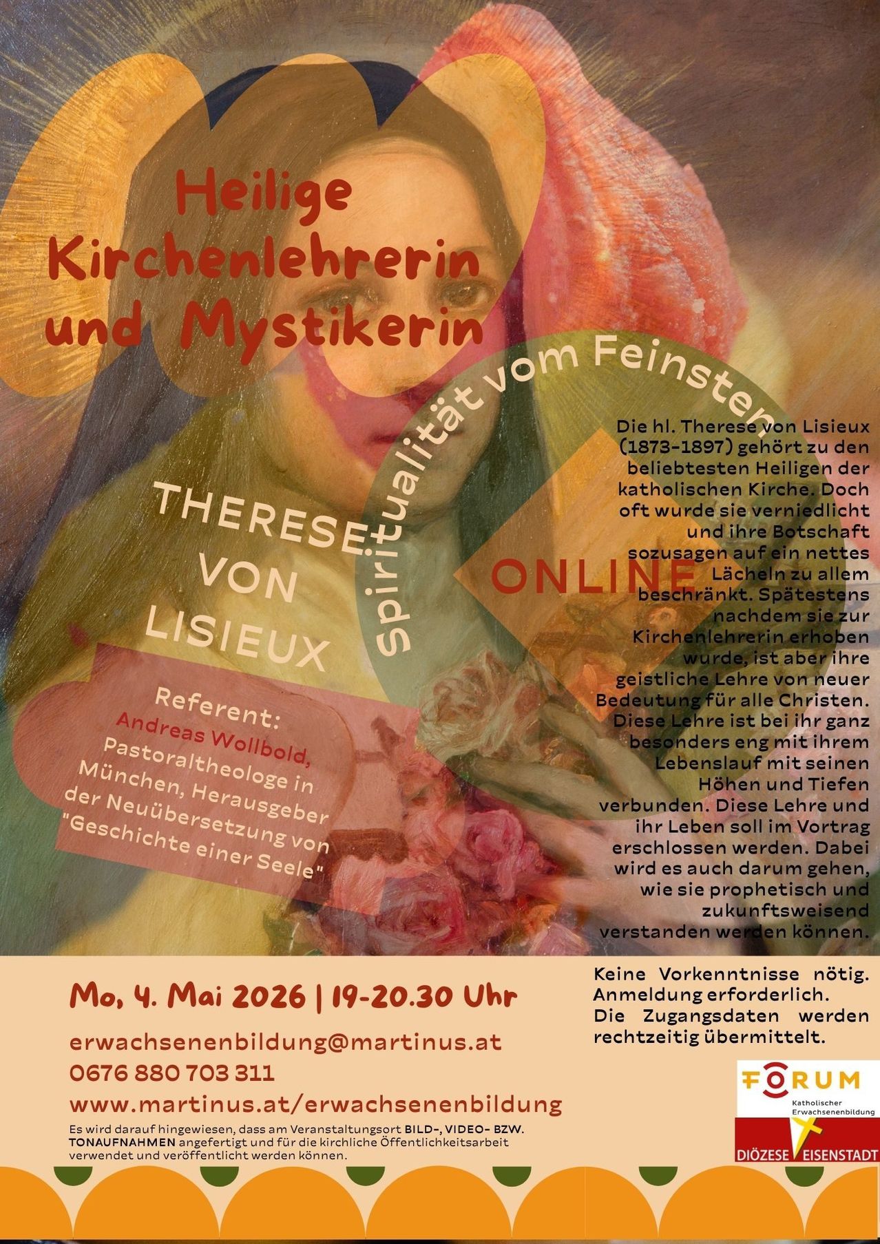 Poster for an online lecture about Therese von Lisieux. Speaker Andreas Wollbold. Date and time: May 4, 2026, 7-8:30 PM. Registration required. No registration fees.