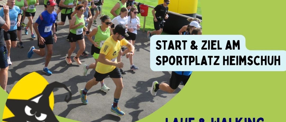 Ein Laufevent am 15. Juni 2025 um 09:30 Uhr. Teilnehmer laufen auf einem Sportplatz mit Banner und Maskottchen. Verschiedene Events beinhalten einen 9,4 km Lauf, Nordic Walking, einen Kinderlauf mit Hindernissen, einen 4x999 Meter Team-Staffellauf und eine 25 Meter Sprint-Challenge.