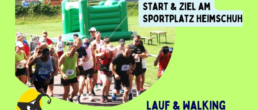 Plakat für Lauf-Veranstaltung am 14. Juni 2026. Start und Ziel am Sportplatz Heimschuh. Highlights sind ein 9,4 km langer Lauf, Nordic Walking, ein Kinderlauf mit Hindernissen und ein Staffellauf.