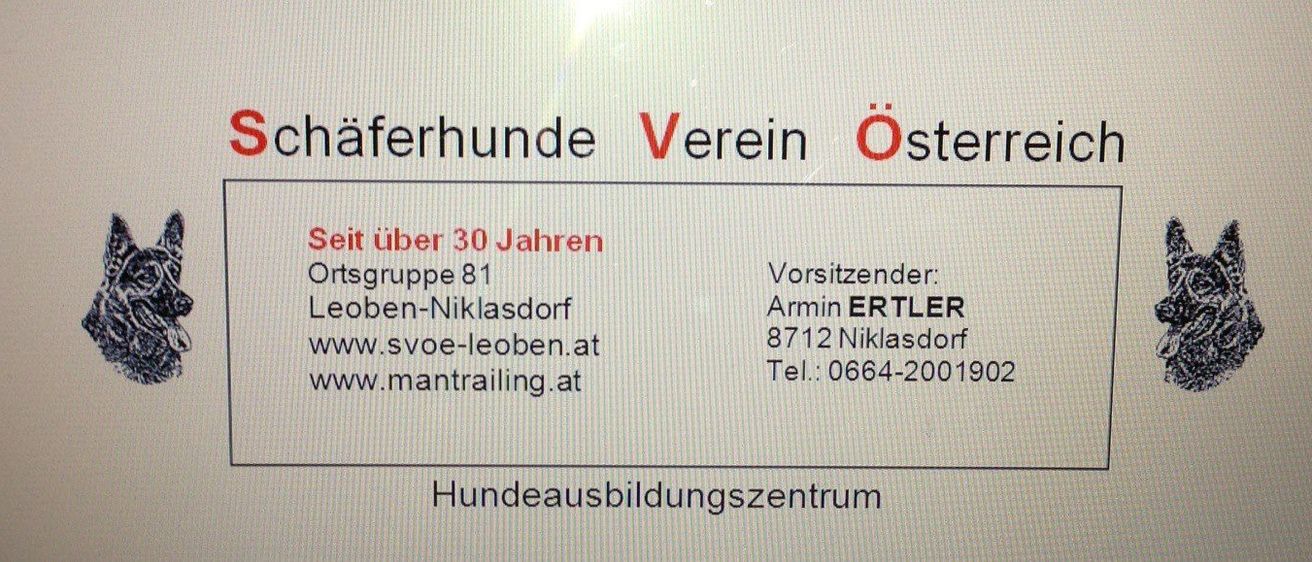 Ein Schild für Schafhunde Verein Österreich. Es ist seit über 30 Jahren aktiv, mit Sitz in Niklasdorf, mit den Websites svoe-leoben.at und mantrailing.at. Der Präsident ist Armin Ertler, mit Sitz in 8712 Niklasdorf. Die Telefonnummer lautet 0664-2001902. Das Zentrum ist Hundeausbildungszentrum.