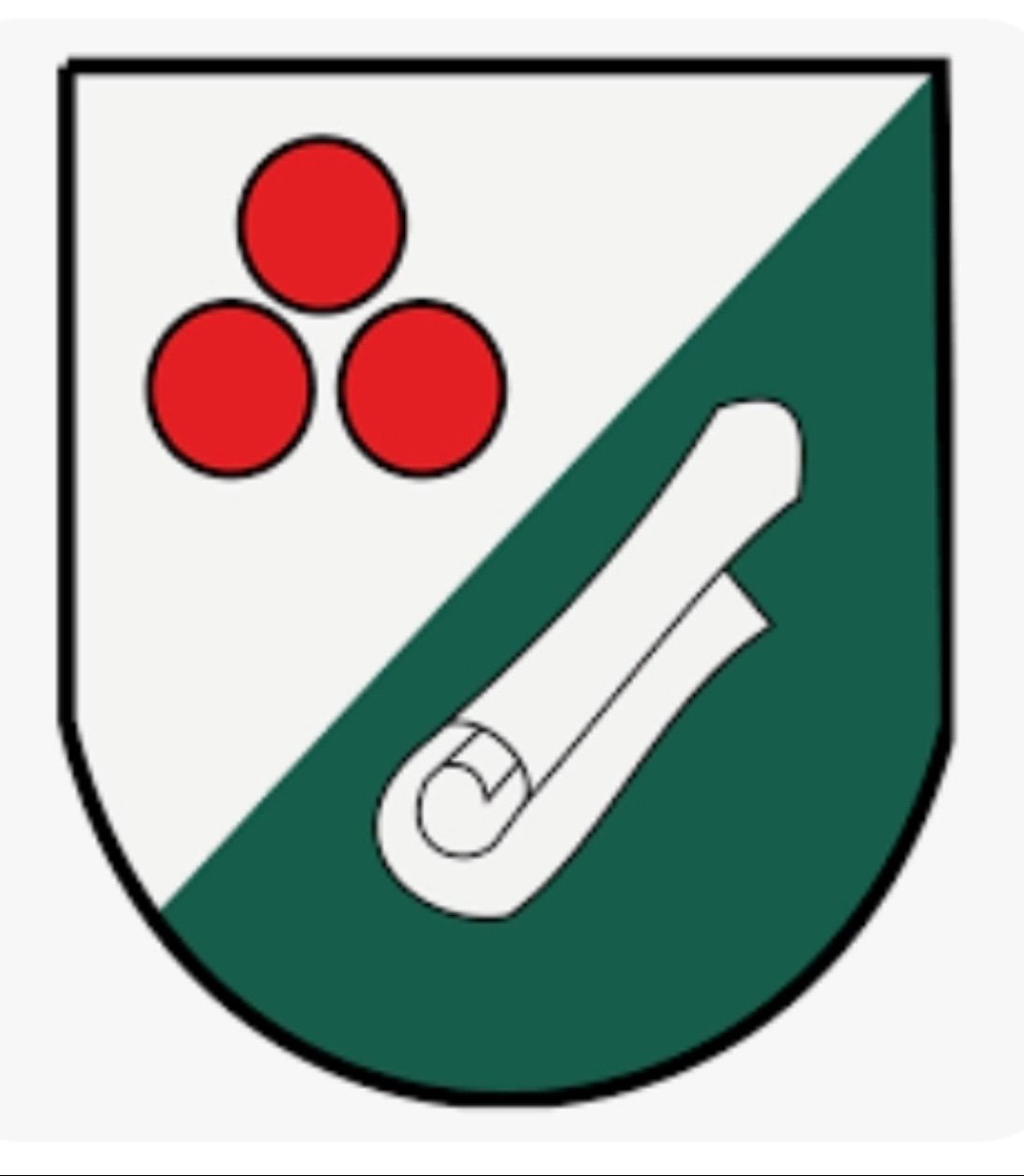 Ein Schild mit grünem und weißem Hintergrund. Drei rote Kreise befinden sich in der oberen linken Ecke und eine gerollte Papierrolle in der unteren rechten Ecke.