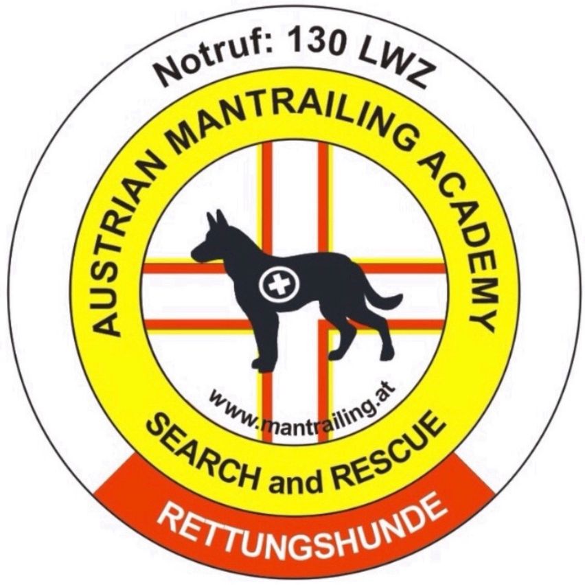 Das Logo der Austrian Mantrailing Academy zeigt einen schwarzen Hund mit einem Kreuz auf dem Kopf. Es steht 'Notruf: 130 LWZ'. Die Website lautet www.mantrailing.at.