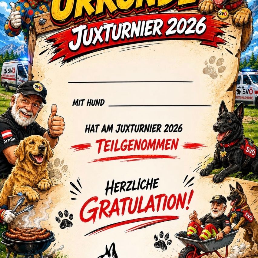 Eine Karikatur eines Mannes, der Würstchen mit einem Golden Retriever grillt, zusammen mit einem Zertifikat für die Teilnahme am Juxturnier 2026 mit Hunden. Es gibt Hunde, Polizeiautos und Pfotenabdrücke.