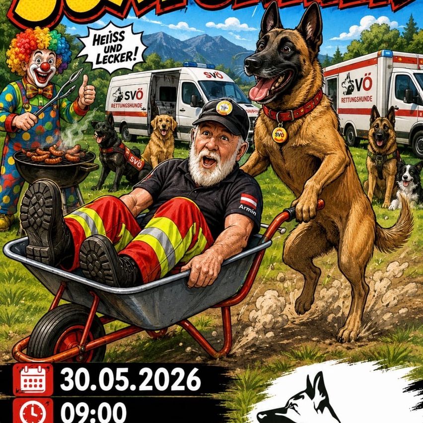 Eine Illustration eines Mannes in einer Schubkarre, der von einem Hund geschoben wird, mit einem Clown am Grill und einem Krankenwagen im Hintergrund. Datum: 30.05.2026, Zeit: 09:00.
