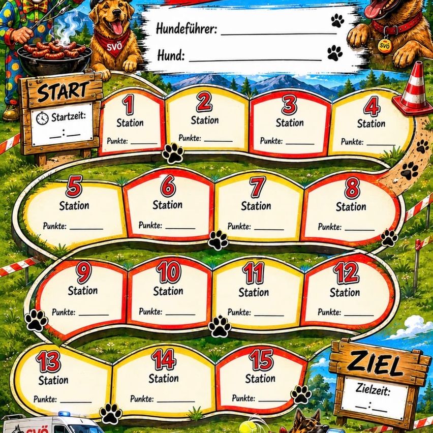 Ein farbenfrohes Spielbrett zeigt einen Hundeweg. Es hat 15 Stationen. Jede Station hat ein Punktefeld. Start- und Endzeichen sind markiert. Ein Clown grillt Würste.