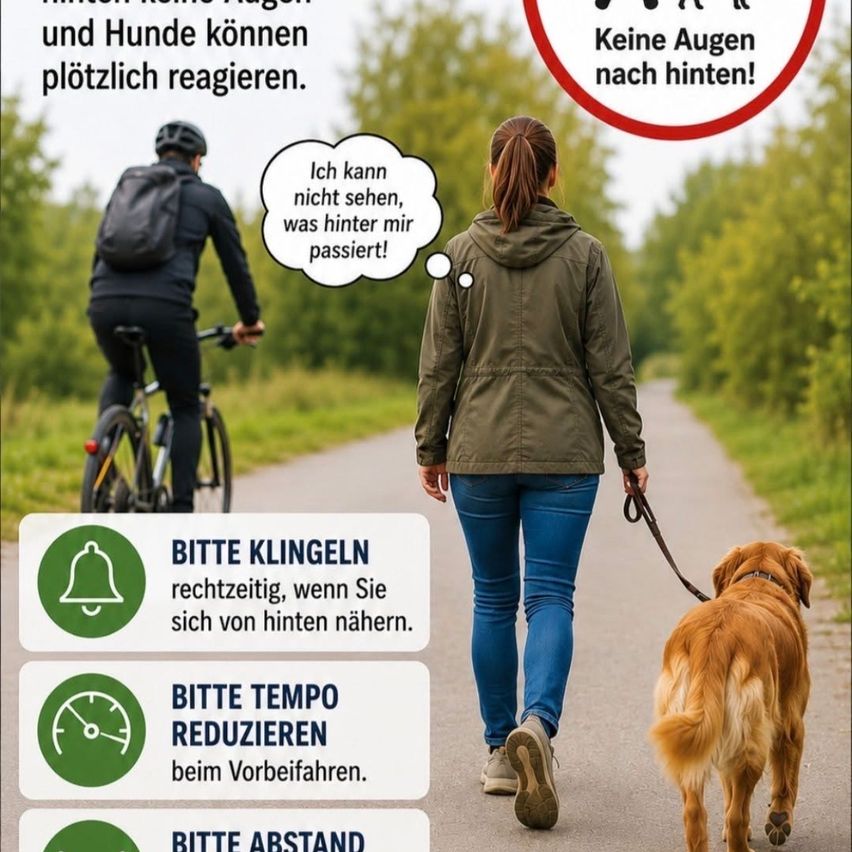 Ein Radfahrer fährt an einer Frau vorbei, die ihren Hund ausführt. Die Frau kann nicht sehen, was hinter ihr ist. Drei Schilder mahnen Radfahrer, zu läuten, langsamer zu fahren und Abstand zu halten.