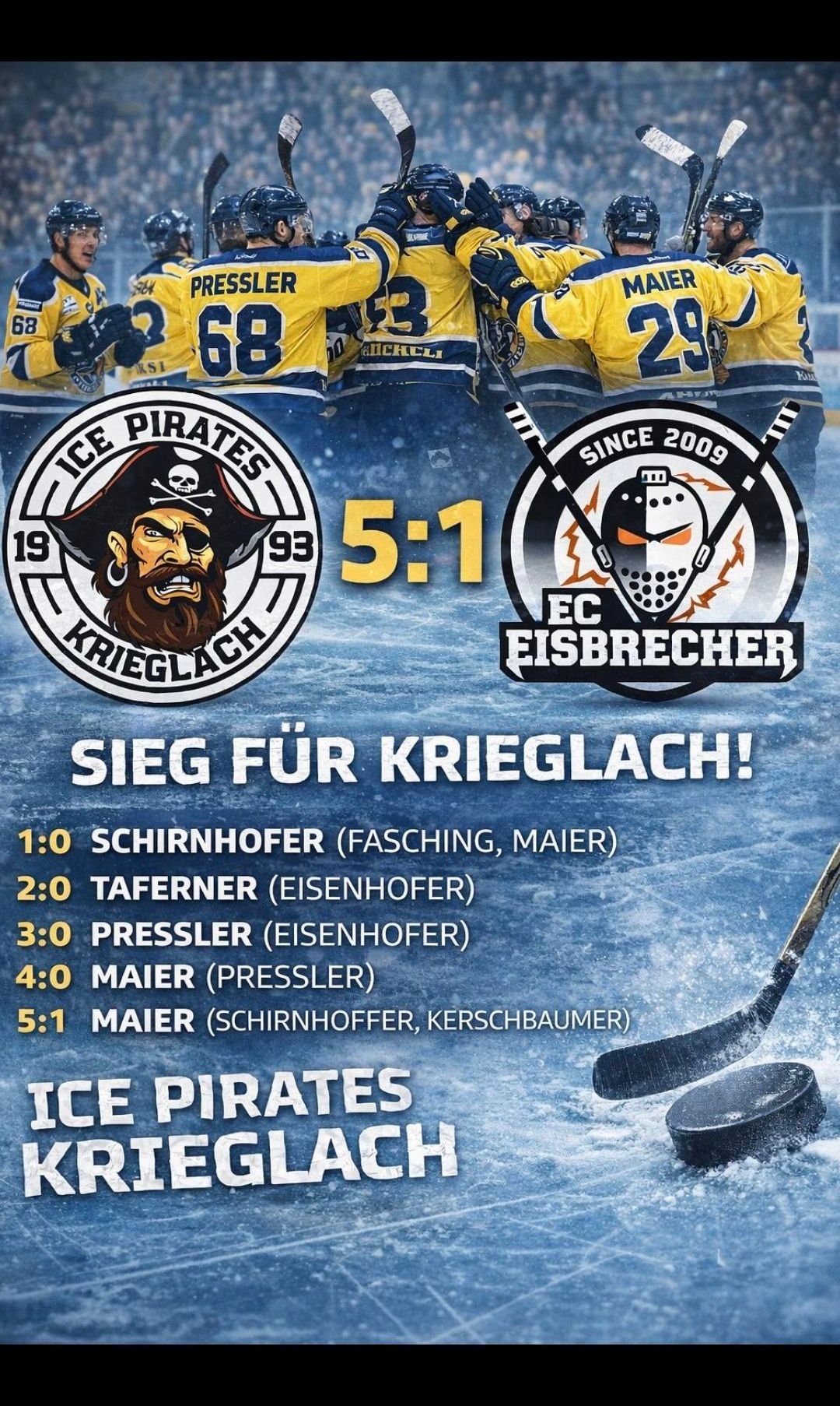 Ice Pirates gegen EC Eisbrecher. Endstand 5:1. Spieler: Pressler, Maier und andere. Ice Pirates Logo und Maskottchen abgebildet.