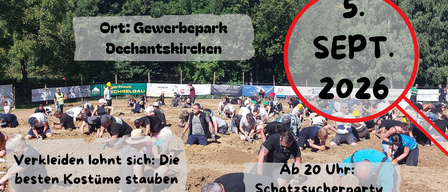 Das Plakat bewirbt eine Feuerwehrveranstaltung in Dechantskirchen, die am 5. September 2026 um 12 Uhr beginnt. Es gibt Preise für die besten Kostüme, und Tickets sind für 50,00€ erhältlich. Die Veranstaltung endet mit einer Schatzsucheparty um 20 Uhr.